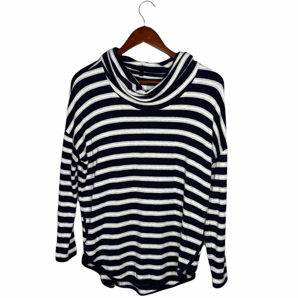 Lou & Grey Striped Cowl Neck Fall Sweater Soft Blue White Cozy Winter